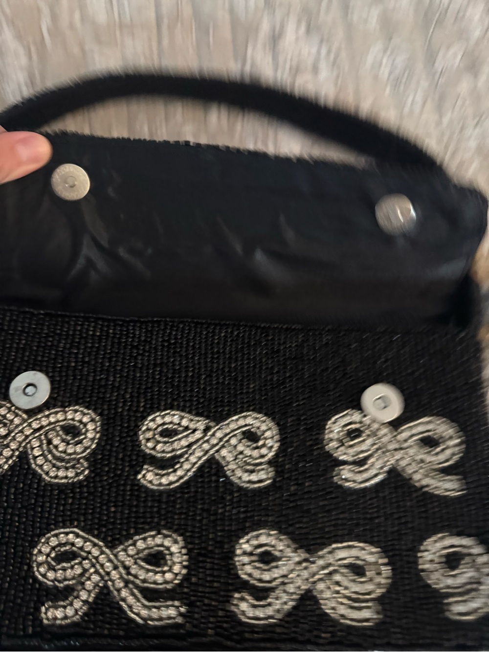 Beaded Black Evening Shoulder Bag with Silver Bow Accents - Picture 8 of 10